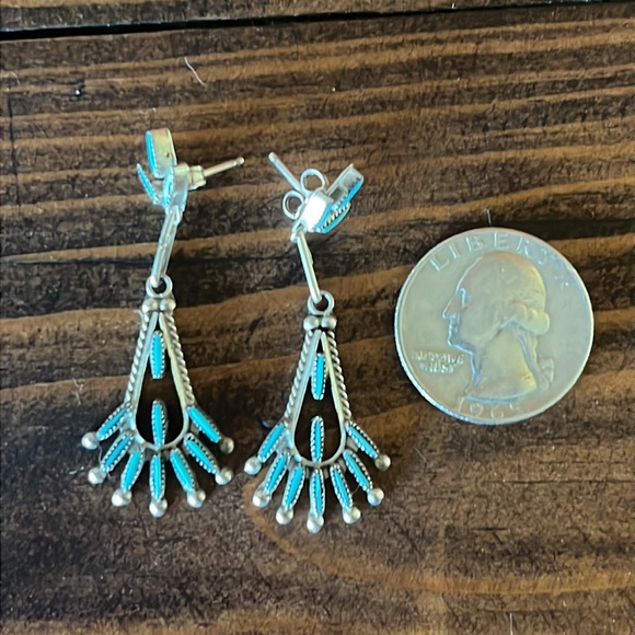 Native American Zuni Turquoise Pinpoint Drop Earrings - Picture 4 of 4